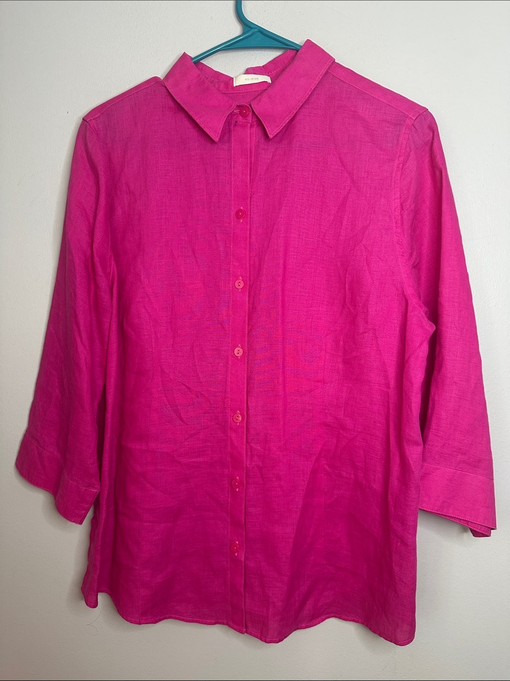 Chico's Fuchsia Button-Down Three-Quarter Sleeve 100% Linen Shirt